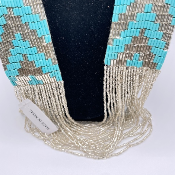 Nepalese NWT Turquoise Silver Glass Hand Beaded Boho Chic Tribal Necklace - Picture 10 of 10